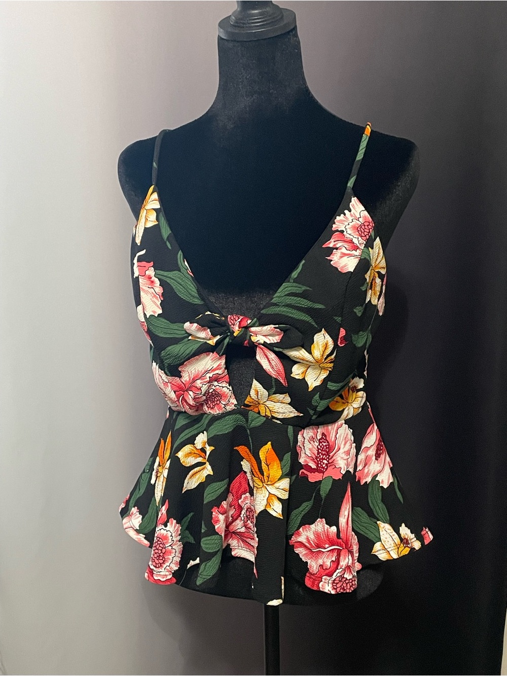 Charlotte Russe Black Floral Knot-Front Tunic - Pink & Yellow